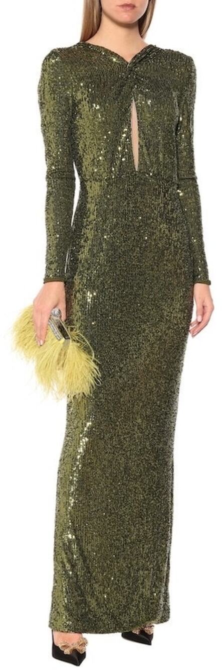 Dundas Olive Green Sequin Maxi Gown Keyhole Plunge Formal Dress EU 38